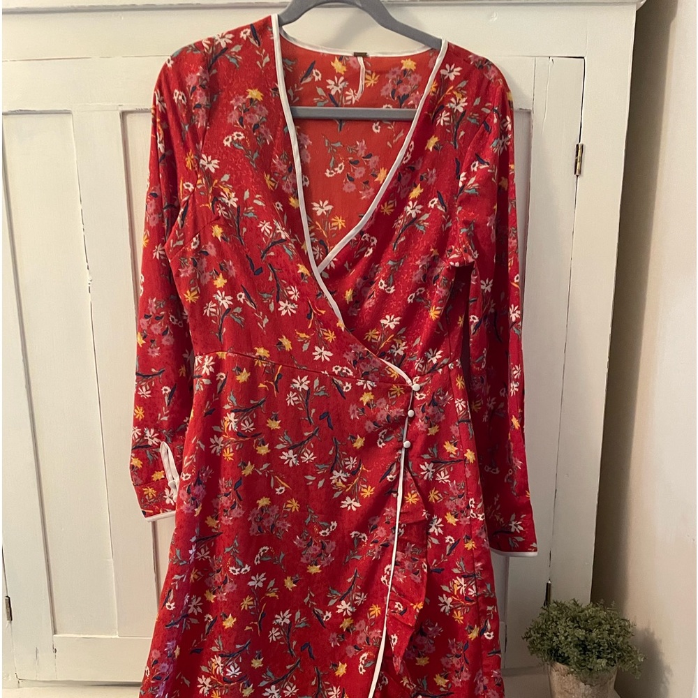 Free People Red Floral Midi Wrap Dress